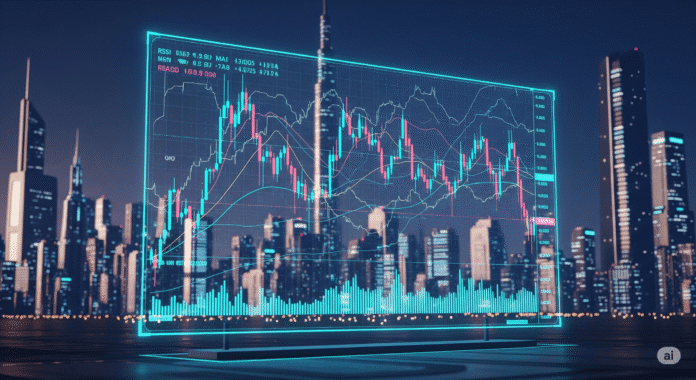 Biểu đồ giao dịch Bitcoin và tiền điện tử với phong cách tương lai, hiển thị dữ liệu trên màn hình holographic